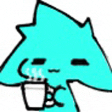 a blue cartoon character is holding a cup of coffee in its mouth .