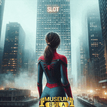 a woman in a spiderman costume stands in front of a building that says slot on it