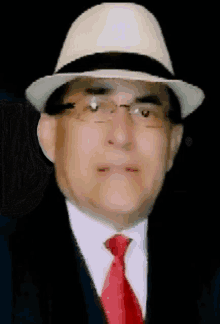 a man wearing a hat and tie with glasses on