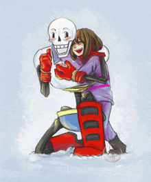 a drawing of a girl hugging a skeleton with a knife in his hand