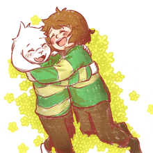 a drawing of a boy and a sheep hugging each other