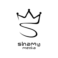 a black and white logo for sinamy media with a crown