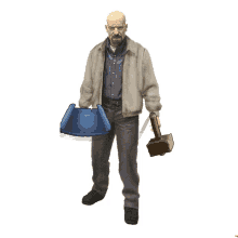 a man in a jacket holding a hammer and a blue bucket