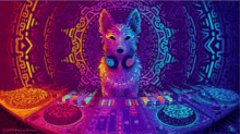 a colorful dog wearing headphones is sitting at a dj mixer