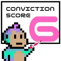 a pixelated monkey points to a sign that says conviction score 6