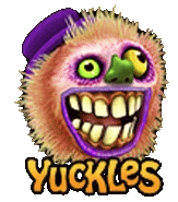 a cartoon monster with a purple hat and the word yuckles on it 's face .