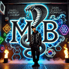 a man stands in front of a wall with a snake and the letter mb on it