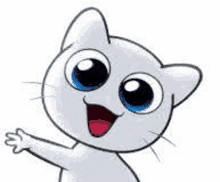 a cartoon white cat with big blue eyes is waving .