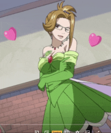 a woman in a green dress is standing in front of a brick wall with hearts flying around her