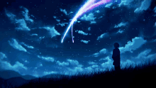 a person standing in a field watching a shooting star in the night sky