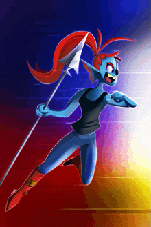 a cartoon character with red hair is holding a large spear