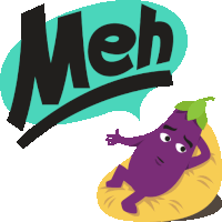 a purple eggplant is laying on a yellow bean bag chair under a speech bubble that says " meh "