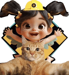 a little girl wearing a yellow hard hat holds a cat