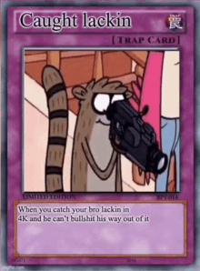 a cartoon character is holding a camera and the card says caught lacking