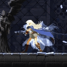 a pixel art of a person jumping over a fence with a sword in a video game .