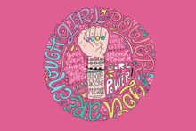 a colorful drawing of a fist with the words " girl power " around it