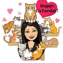 a cartoon of a woman surrounded by cats with the words happy saturday above her