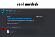 a screenshot of a discord channel that says " send anydesk "