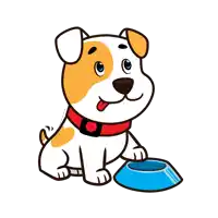 a brown and white dog with a red collar is sitting next to a blue bowl