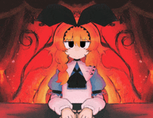 a drawing of alice from alice in wonderland sitting in front of a red curtain