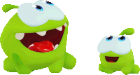 a green monster with blue eyes and a red tongue is sitting next to another green monster