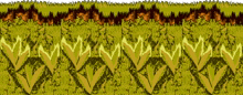 a pixel art illustration of a field of grass with a pattern of leaves and fire .