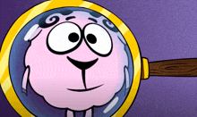 a cartoon sheep is looking through a magnifying glass and smiling