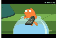 a cartoon fish is holding a remote control in a bowl