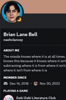 brian lane bell is a member of doki doki literature club and playing a game