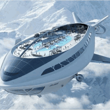 a futuristic airplane with a swimming pool in the middle of it