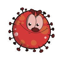 a cartoon illustration of a red virus with a face