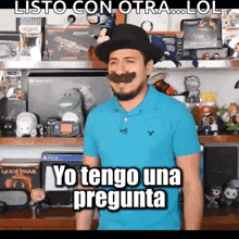 a man wearing a hat and a mustache is standing in front of a shelf full of video games and toys .