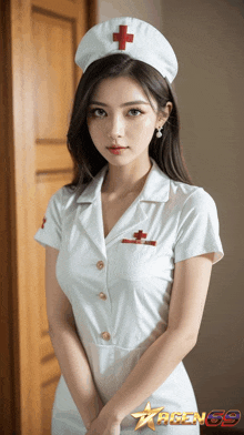 a woman dressed as a nurse with a red cross on her cap