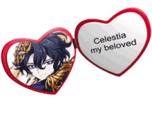 a red heart with a picture of a boy and the words celestia my beloved on it