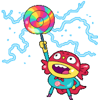 a cartoon character in a superhero costume is holding a rainbow lollipop