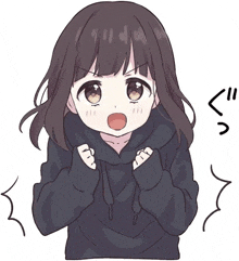 a cute anime girl in a black hoodie is making a surprised face .