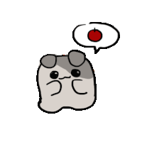 a drawing of a hamster with a red apple in a speech bubble above it .