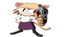 a cartoon cat is holding a gun in its right hand