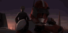 a man in a red and white clone trooper uniform looks down