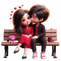 a boy is kissing a girl on the cheek while sitting on a bench with a teddy bear