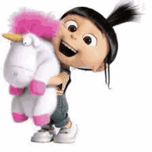 a girl from despicable me is holding a stuffed unicorn .