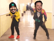 a man wearing a black hat with an x on it is dancing next to a man wearing a colorful jacket