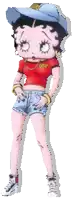 betty boop wearing a blue hat and shorts is standing on a white background