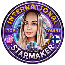 a purple sign that says international starmaker with a picture of a woman