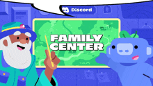 an advertisement for a game called family center with a wizard and a robot