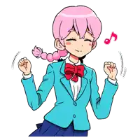 a girl with pink hair is dancing with a pink music note above her