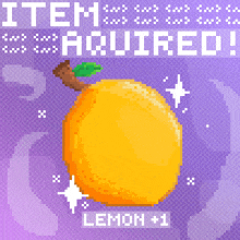 a pixel art of an orange with a green leaf on a purple background