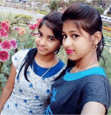 two young girls are standing next to each other in front of a flower garden .