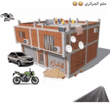 a motorcycle is parked in front of a building that has arabic writing on the side