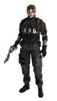 a man in a r.p.d. uniform holds a gun in his right hand